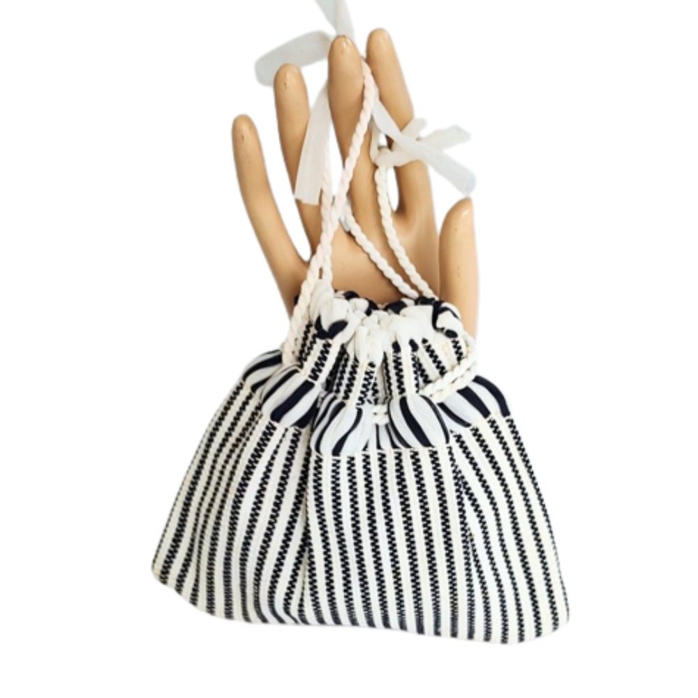 1950s Vintage Small Mini Black And White Striped Woven Nylon Handbag Wristlet